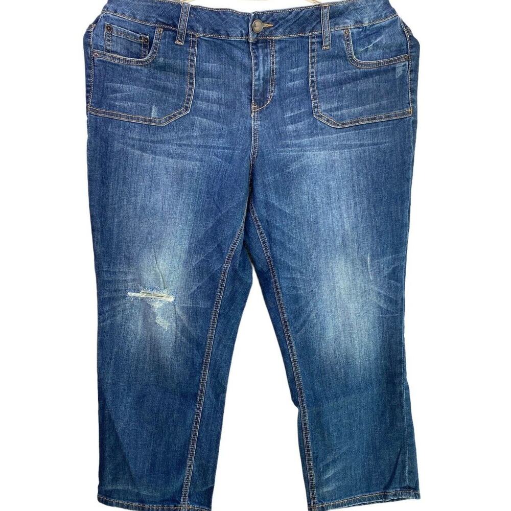 Lane Bryant Capri Distressed Jean Casual Stretch Patch Pockets 20 Dark Blue Wash